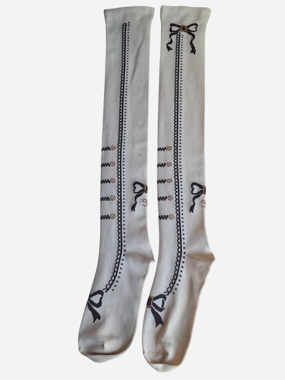 Innocent World Ivory Brown Asymmetrical Stripe OTK Socks | Classic Lolita